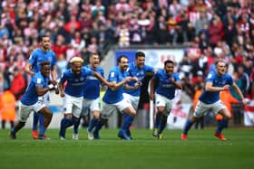 Pompey celebrate their penalty shootout triumph over Sunderland in the Checkatrade Trophy. Picture: Jordan Mansfield/Getty Images
