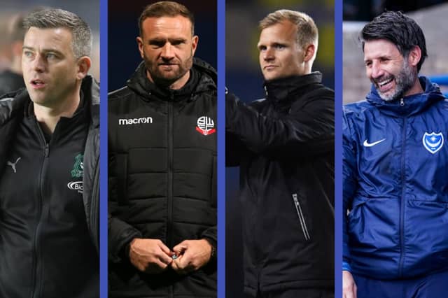 From left: Steven Schumacher, Ian Evatt, Liam Manning, Danny Cowley.