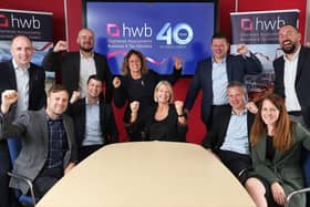 CELEBRATION TIME: Directors of HWB Chartered Accountants gathering to mark the firm’s 40th anniversary, include, back row from left, Gary Brown, Matt Cooper, Michaela Johns, Andrew Kershaw, Nick Whitemore, and, front row, James Flood, Tom Young, Tracy Jenkins (Managing Director), James Alesbury and Gemma Hedges