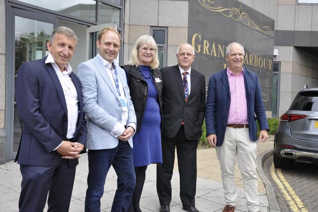 MARINE BUSINESS. Awaiting the start of the Hampshire Chamber Boat Show lunch at the Leonardo Royal Hotel Southampton Grand Harbour are, from left: keynote speaker and ex-BT Global Challenge skipper Mark Denton; Southampton City Council leader Councillor Daniel Fitzhenry; Lesley Robinson, Chief Executive of show organisers British Marine; David Joel, Hampshire Chamber President; and Peter Taylor, Hampshire Chamber Board member and leader of the Chambers Southampton team.