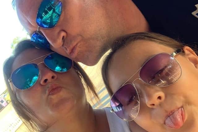 Dom Merrix, 48, of North End, pictured with partner Sarah Merrix and their 10-year-old daughter Ellie-Mai. Dom died on Thursday of a suspected case of Covid-19