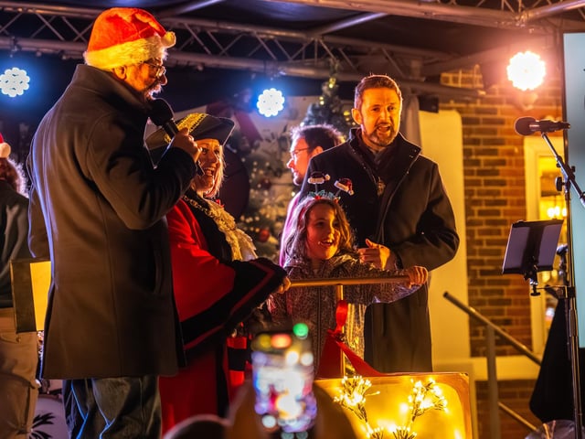 Gosport Christmas lights switch on on Gosport High Street. Pictured is Mark Collins, Mayor Kirsten Bradly, Isabel Cooper, Jon Bradley. Pictured by Alec Chapman