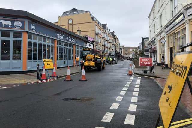Works begin to temporarily pedestrianise the southern end of Palmerston Road, Southsea, to allow for social distancing and a 'continental' style of dining to help businesses recover from the economic blow of the coronavirus. Picture: Byron Melton