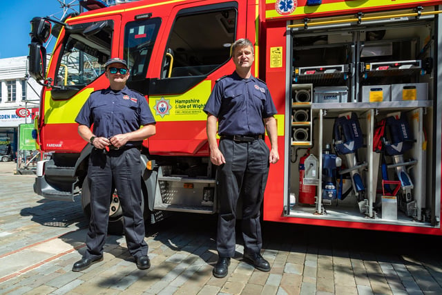 Watch Manager Perry Dodson and Firefighter Samuel Cook demonstrating their equipment at the 999 day in Fareham. Picture: Mike Cooter (240623)