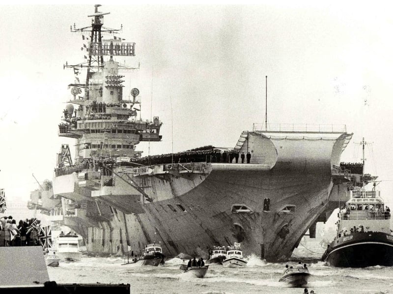HMS Hermes returns to Portsmouth from the Falklands in 1982