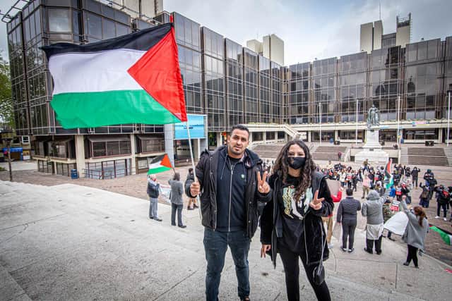 Gabriel Scaletta and his daughter Jasmine at the Palestine protest, Guildhall Square.

Picture: Habibur Rahman