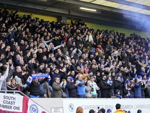 These Pompey fans celebrate Colby Bishop's second-half winner at the Abbey Stadium.