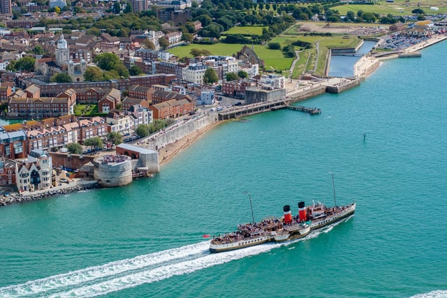 A glorious aerial picture of PS Waverley sailing past Old Portsmouth in the glorious sunshine.