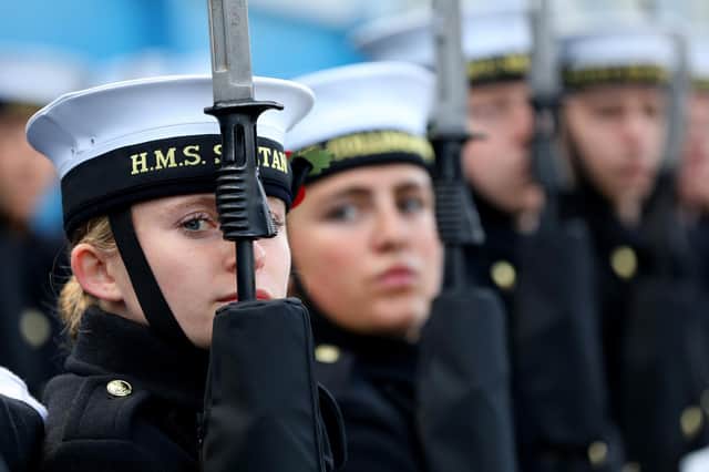 The Royal Navy's Ceremonial Guard in their final rehearsal for their duties at the Cenotaph in London, on Remembrance Sunday. They were photographed at Whale Island, Portsmouth
Picture: Chris Moorhouse (jpns 101121-14)