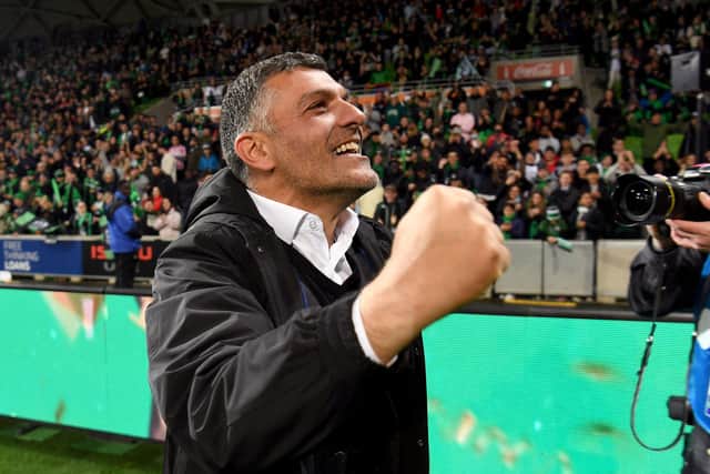 Western United's coach John Aloisi celebrates winning the grand final against Melbourne City on Saturday. Picture: WILLIAM WEST/AFP via Getty Images