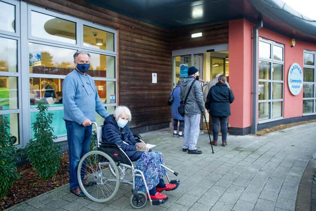 Peter Queripel supported his mother-in-law Dee Laird to attend Fareham Community Hospital for her first dose of the Covid-19 vaccine. Picture: Habibur Rahman