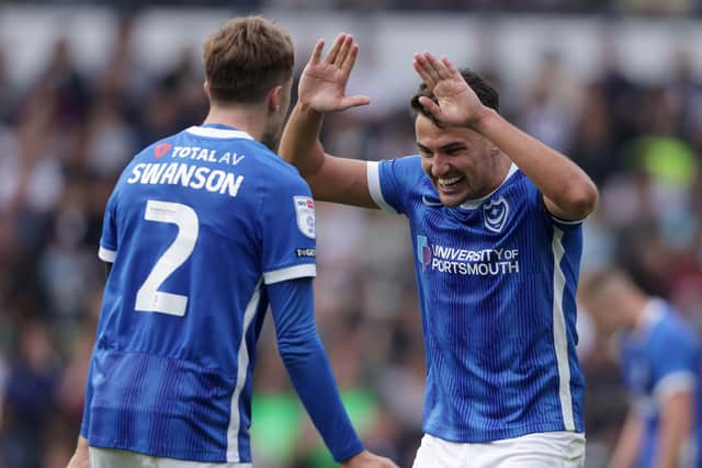 Regan Poole celebrates with Zak Swanson after Pompey's late, late leveller at Derby. Picture: Ian Hodgson/PA Wire