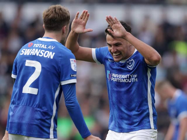 Regan Poole celebrates with Zak Swanson after Pompey's late, late leveller at Derby. Picture: Ian Hodgson/PA Wire
