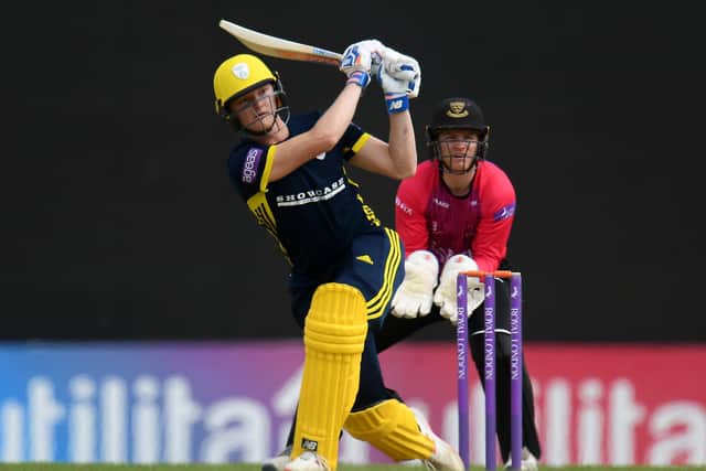Aneurin Donald hits out during a Royal London Cup tie for Hampshire last year. Pic: Harry Trump (Getty Images)