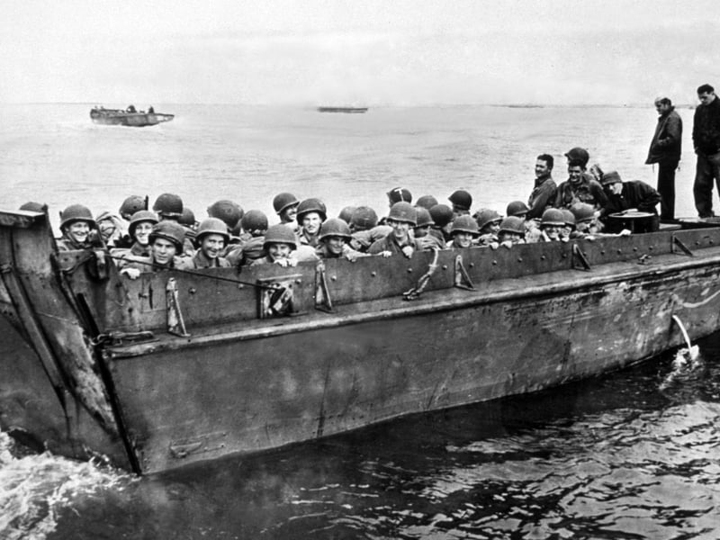 American soldiers on a landing craft on their way to the Normandy beaches.