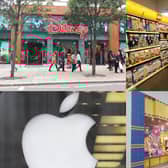 A collage of four of the 10 big-name shops our readers said they would love to come to Portsmouth. Top row, from left, Disney and Lego and, bottom row, from left, Apple and Build-A-Bear Workshop.