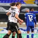 Sean Raggett celebrates his winner at Ipswich.  Picture: Nigel Keene