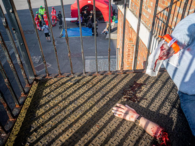Emergency services exercise at Historic Dockyard, Portsmouth on Thursday 19th June 2025 Pictured: Actors at aftermath of improvised explosion in one of the buildings within the dockyard Picture: Habibur Rahman