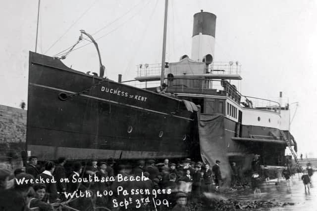 The paddle steamer Duchess of Kent beached at the Hot Walls, Old Portsmouth, in September 1909 after a collision in the Solent. Built in 1897, this paddler survived to be requisitioned for war service by the Royal Navy in 1916 and returned to the Solent crossing until she was sold in 1933. Picture: Paul Costen collection