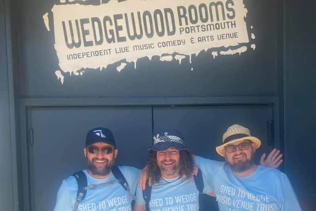 Friends walked from Fareham to the Wedgewood Rooms to raise money for the Music Venue Trust
From left, window cleaner, Garry Illingworth, (51), Civil Servant Colin Perrio, (43) postie, Chris Lee (52).

Picture: Steve Fitzgerald