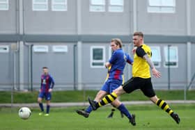 Simon Woods puts US Portsmouth ahead against Amesbury Town. Picture: Chris Moorhouse