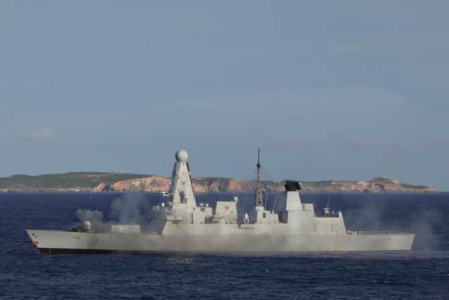 Ships of the Carrier Strike Group have carried out live firing aimed at an uninhabited island in the Pacific. Picture: Royal Navy