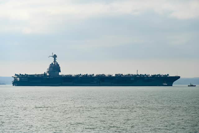 USS Gerald R Ford Aircraft Carrier at Stokes Bay Gosport. Picture: Alison Treacher.