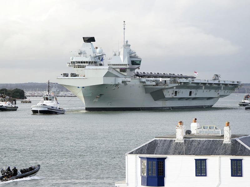 F35b jets line the deck of HMS Queen Elizabeth, as the Royal Navy aircraft carrier leaves Portsmouth Harbour. Picture date: Friday November 3, 2023. PA Photo. Andrew Matthews/PA Wire