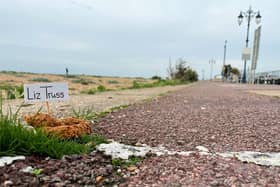 A street artist, who goes by the name of Mr Browne, has created a number of protest fake poos along Southsea seafront, pinned with the name of Prime Minister Liz Truss. Picture: Ben Mitchell/PA Wire.