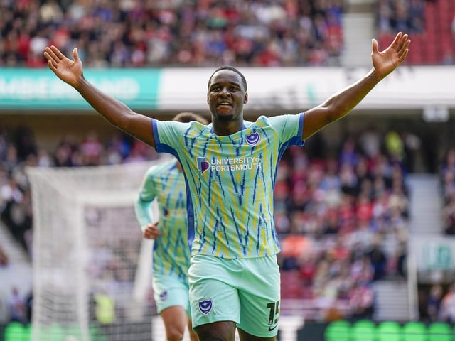 Christian Saydee celebrates scoring his second goal in Pompey's 2-2 draw at Middlesbrough in August 2024. Picture: Jason Brown/ProSportsImages