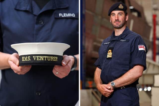 Commander Chris Cozens RN, Senior Naval Officer HMS Venturer, alongside a picture of a fellow crewmember.