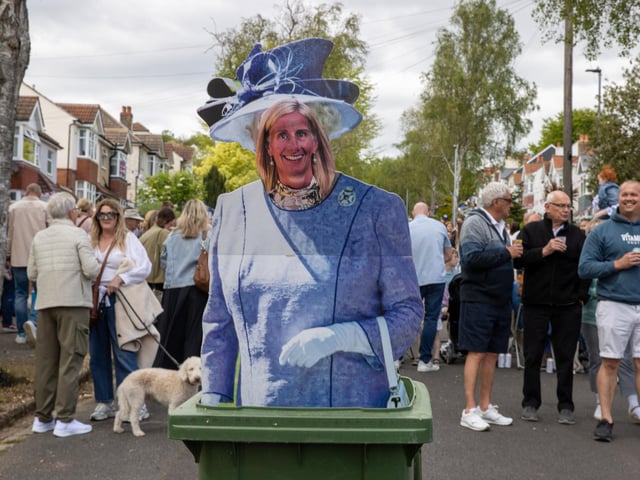 On Aberdare Avenue, Drayton, one friend couldn't make the party. Instead a cardboard cut out of Helen was presented to commemorate last years bin race disaster. Photos by Alex Shute