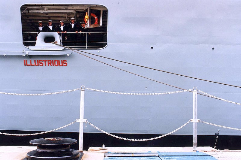 HMS Illustrious returns to Portsmouth after her refit at Devonport, 20 May 1994.