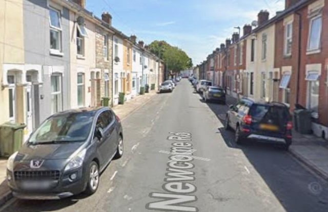 Newcome Road. AI said: "Another road in Portsmouth facing challenges with potholes, contributing to driving hazards."