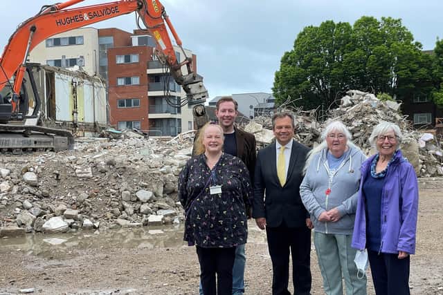 Horatia and Leamington Houses Community Panel members (from left) Trish Bell, Maria Cole and Jan Dod, with Portsmouth City Council cabinet members (from left) Cllr Chris Attwell and Cllr Darren Sanders.