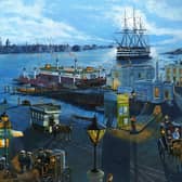 Atmospheric Gosport in 1900 with Portsmouth across the harbour in the background. A painting by Stubbington artist Neil Marshall.