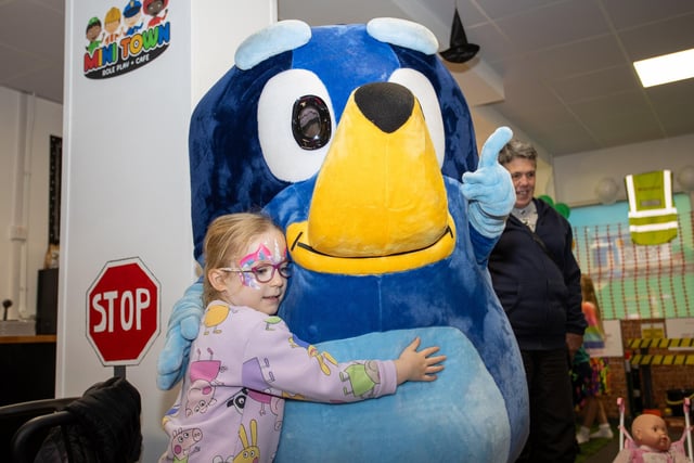 Ruby, 5, was delighted to meet Bluey at the opening of Mini Town Role Play & Cafe in Waterlooville. Photos by Alex Shute