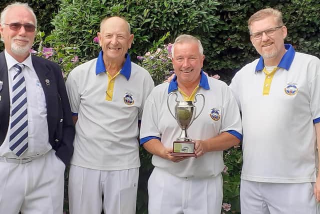 Triples winners Rowner (Bill Ross, Dave Webb, Graeme Coles) with P&D competition secretary Simon Batcheler
