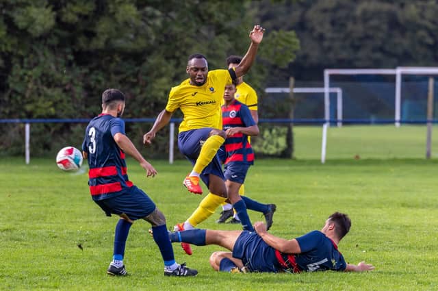 Paulsgrove (red/blue) v Baffins Milton Rovers Reserves. Picture: Mike Cooter
