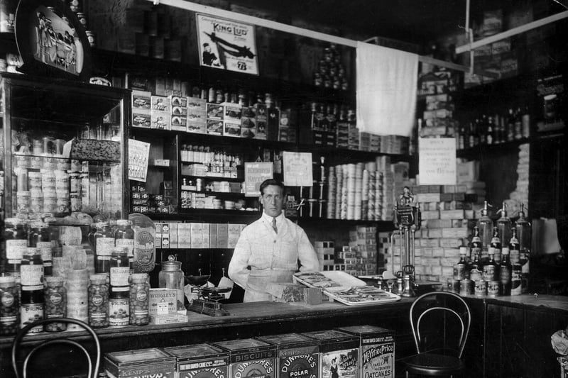 Horace Henry Plowman (1889-1959) is the shopkeeper in this view and was the owner of the grocery shop at 359 Forton Road, Gosport.