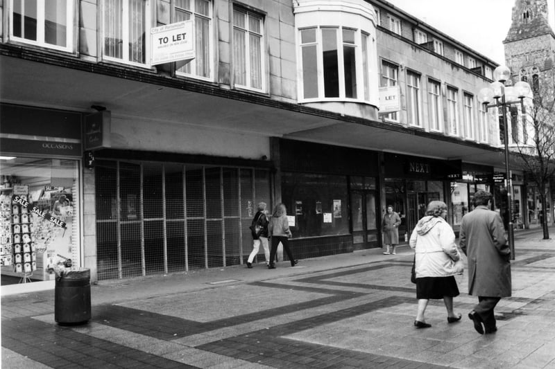 Empty shops in Palmerston Road in April 1993