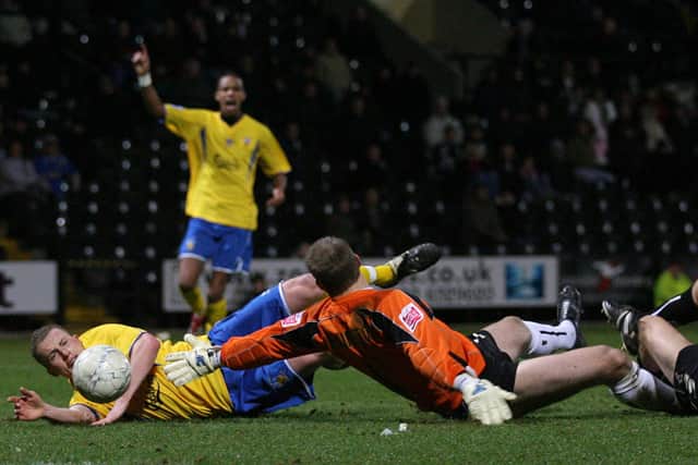 The ball is on the way into the net for Tony Taggart's winner at Meadow Lane in 2007 on the only previous occasion Hawks have played Notts County. Pic: Empics.