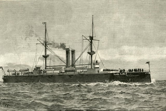 An engraving of HMS Royal Sovereign a Royal Sovereign-class pre-dreadnought battleship at sea as the flagship of the Channel Fleet following her commissioning on 31 May 1892.  Original publication: Illustrated London News. (Photo by Illustrated London News/Hulton Archive/Getty Images)
