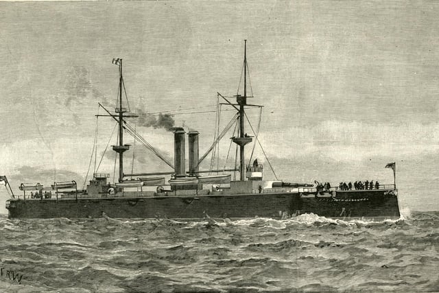 An engraving of HMS Royal Sovereign a Royal Sovereign-class pre-dreadnought battleship at sea as the flagship of the Channel Fleet following her commissioning on 31 May 1892. Original publication: Illustrated London News. (Photo by Illustrated London News/Hulton Archive/Getty Images)