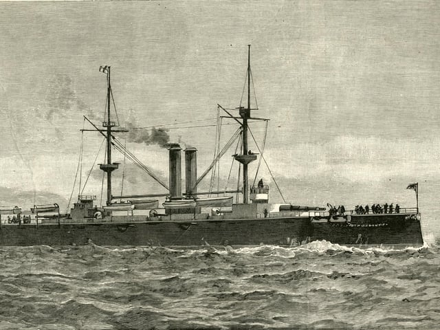 An engraving of HMS Royal Sovereign a Royal Sovereign-class pre-dreadnought battleship at sea as the flagship of the Channel Fleet following her commissioning on 31 May 1892.  Original publication: Illustrated London News. (Photo by Illustrated London News/Hulton Archive/Getty Images)