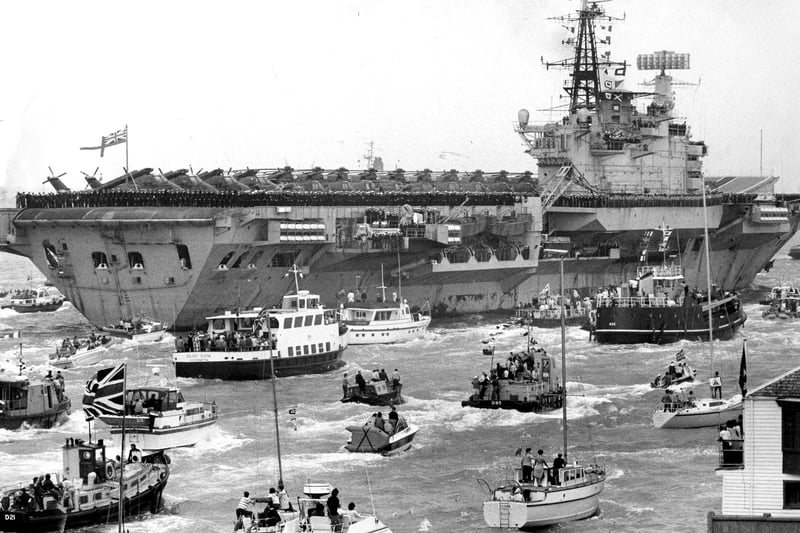 HMS Hermes, the aircraft carrier, returns from the Falklands in 1982. The News PP4829