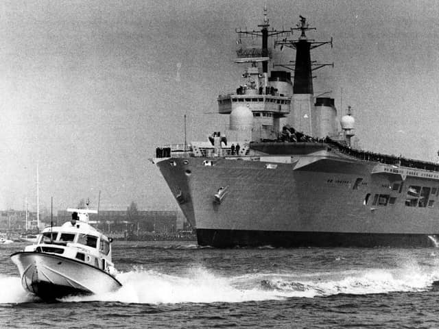 HMS Invincible leaving Portsmouth for Falklands in 1982. The News PP4866