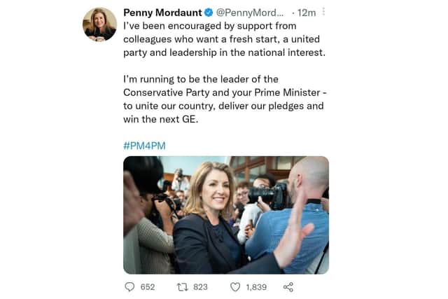 Portsmouth North MP Penny Mordaunt announces she is entering the race to be the next prime minister via Twitter, on October 21, 2022