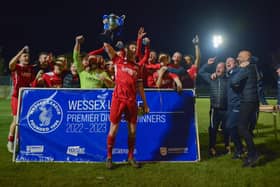 Horndean celebrate winning the Wessex League title last night. Picture by Martyn White