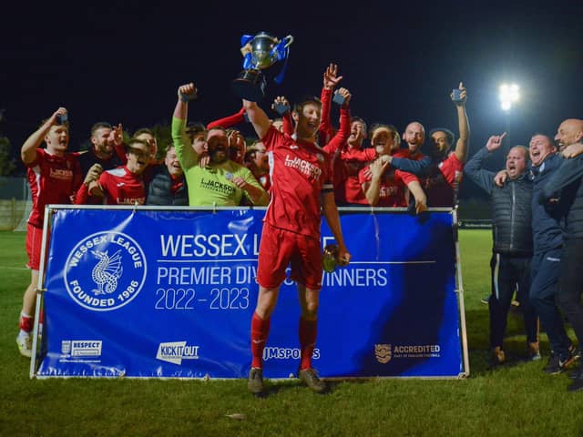 Horndean celebrate winning the Wessex League title last night. Picture by Martyn White